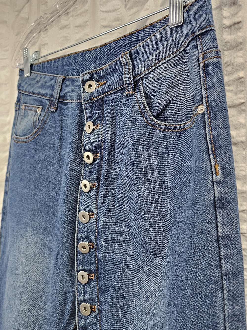 Dark Blue High Rise Boho Button-Front Flare Jeans With Button Details - Picture 4 of 15